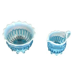 Vintage Victorian Blue Pearline Glass, Lady Caroline Cream and Sugar set